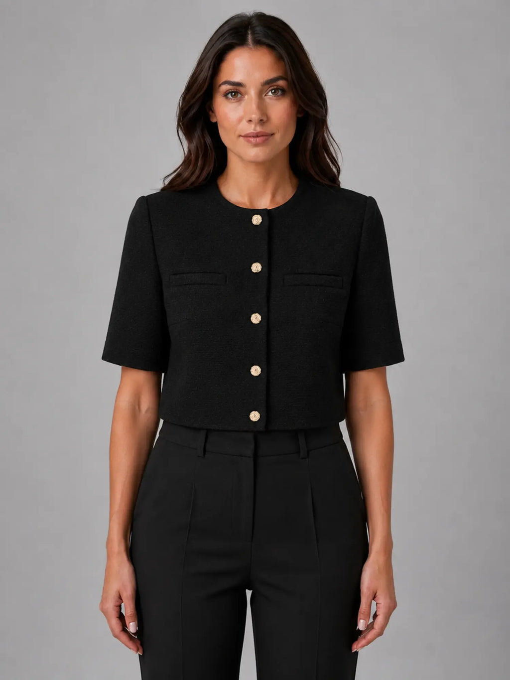 Women's Cropped Short-Sleeve Blazer – Modern Tailored Fit in black, main view