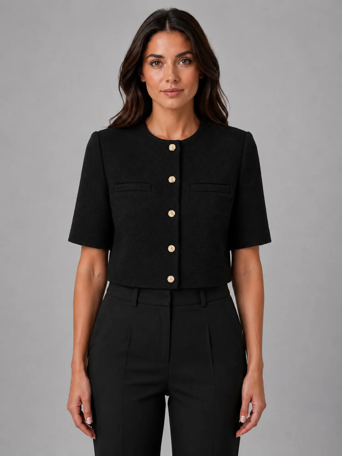 Women's Cropped Short-Sleeve Blazer – Modern Tailored Fit in black, main view