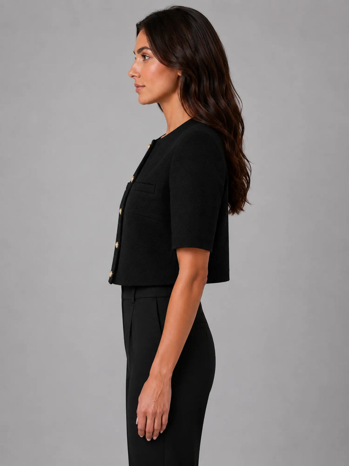 Women's Cropped Short-Sleeve Blazer – Modern Tailored Fit in black, side view