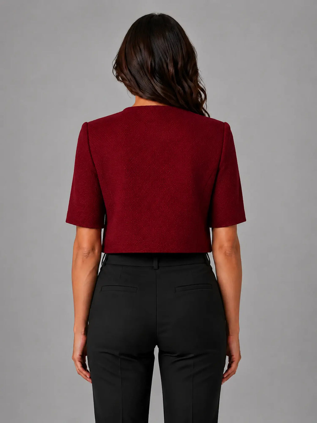 Women's Cropped Short-Sleeve Blazer – Modern Tailored Fit in burgundy, back view