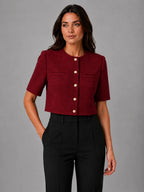 Women's Cropped Short-Sleeve Blazer – Modern Tailored Fit in burgundy, hover view