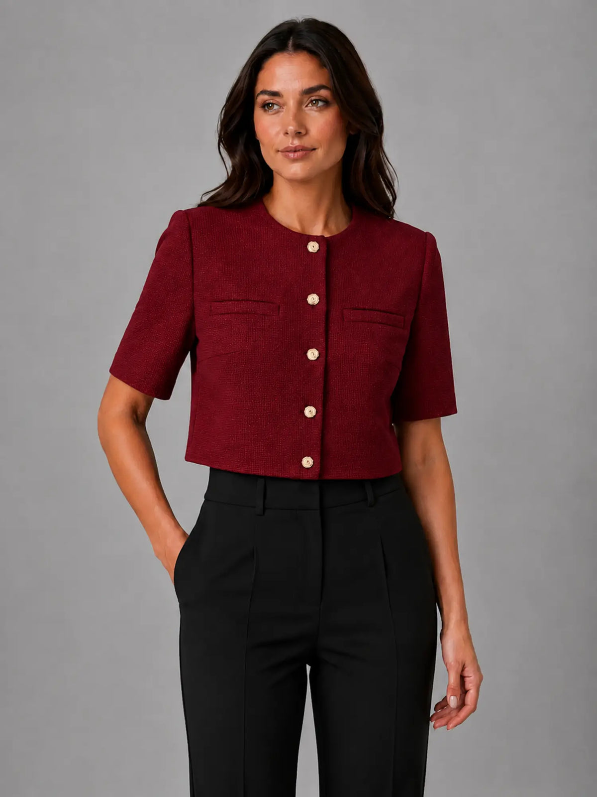 Women's Cropped Short-Sleeve Blazer – Modern Tailored Fit in burgundy, hover view