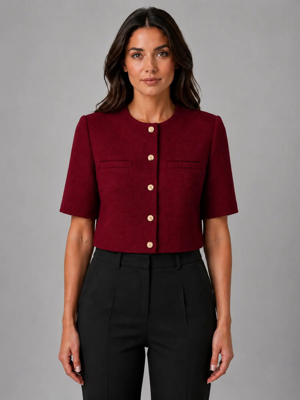 Women's Cropped Short-Sleeve Blazer – Modern Tailored Fit in burgundy, main view