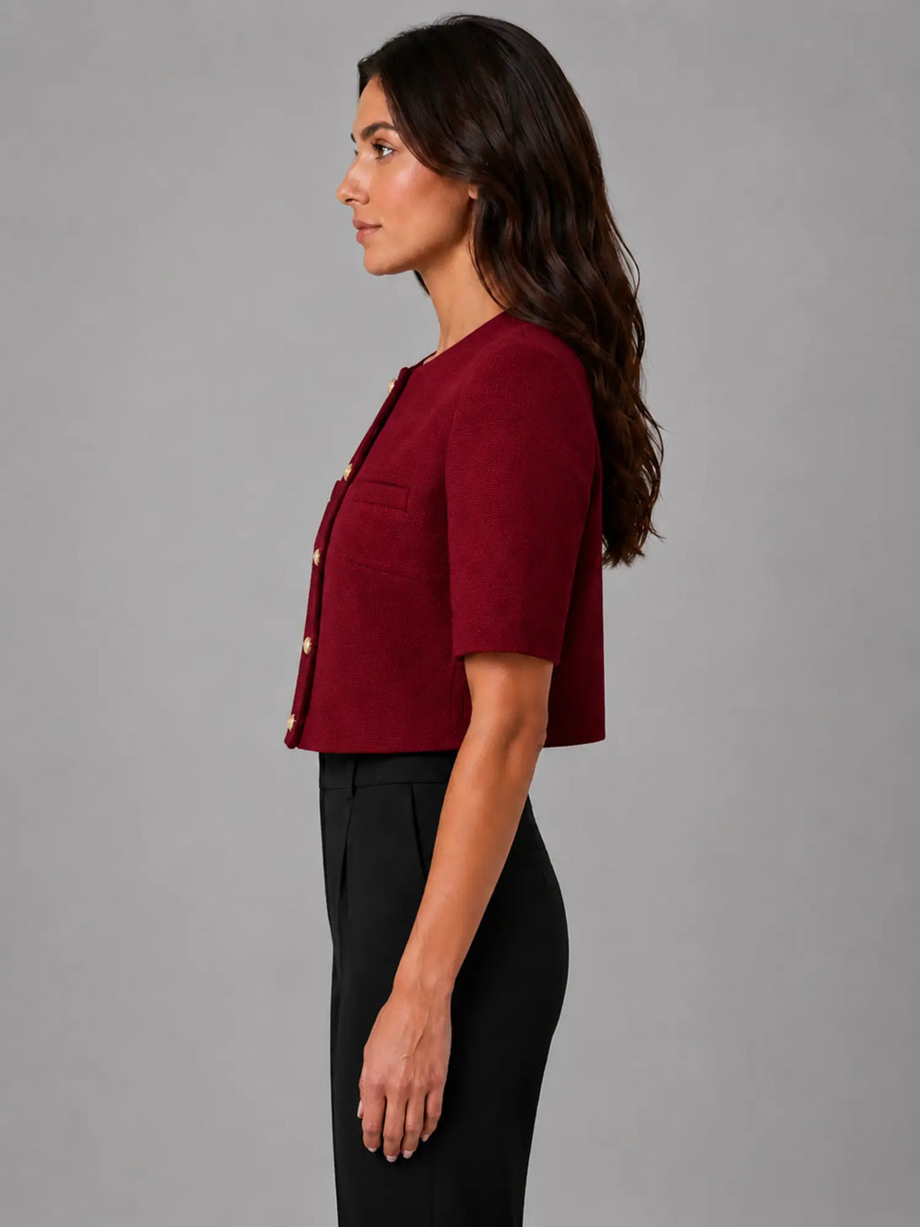 Women's Cropped Short-Sleeve Blazer – Modern Tailored Fit in burgundy, side view