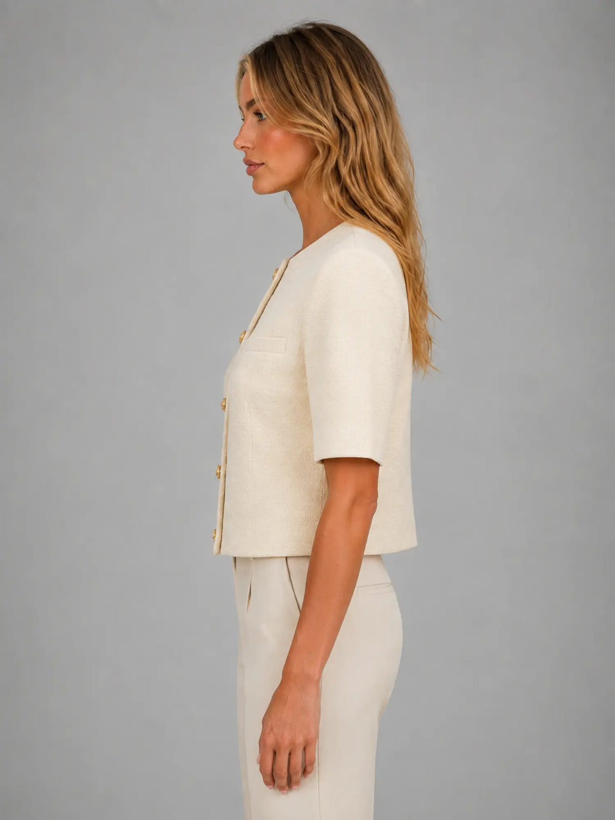 Women's Cropped Short-Sleeve Blazer – Modern Tailored Fit in ivory, side view