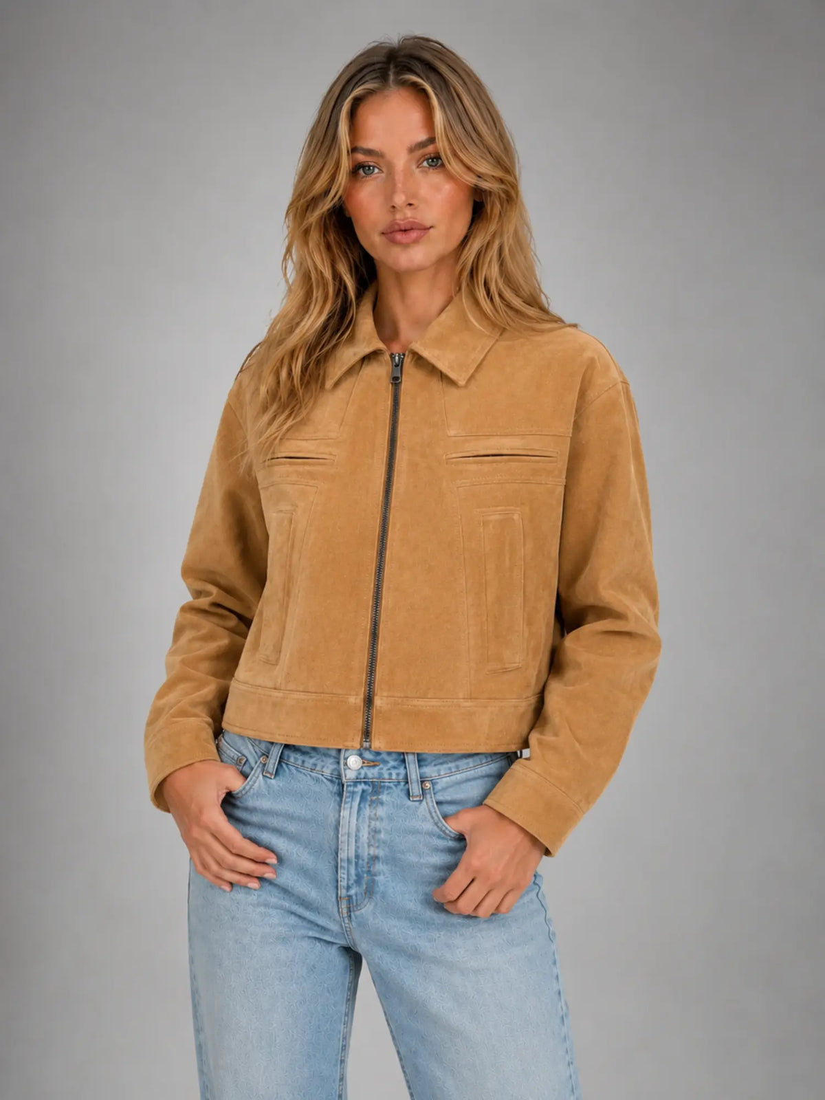 Women's Cropped Suede-Look Jacket – Refined Casual Outerwear in camel, hover view