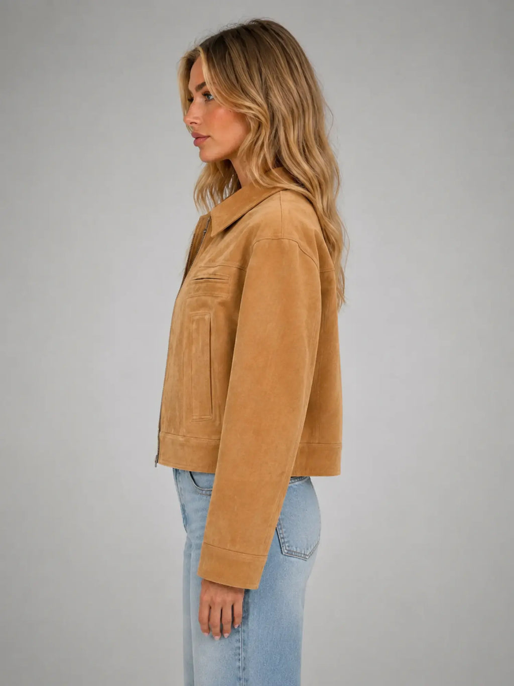 Women's Cropped Suede-Look Jacket – Refined Casual Outerwear in camel, side view
