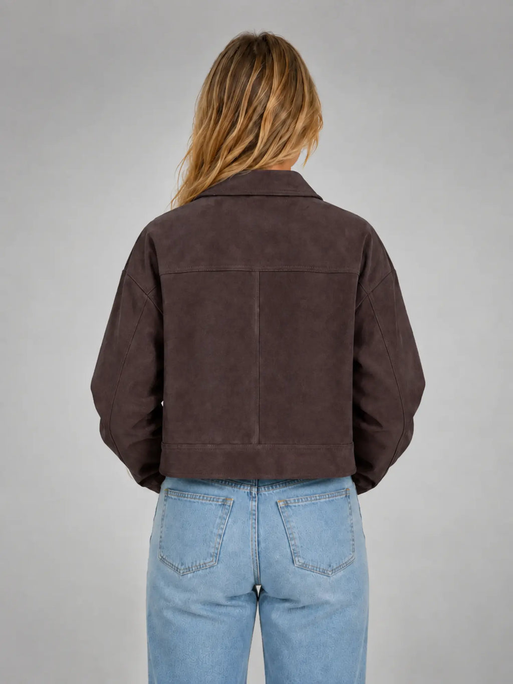 Women's Cropped Suede-Look Jacket – Refined Casual Outerwear in chocolate, back view