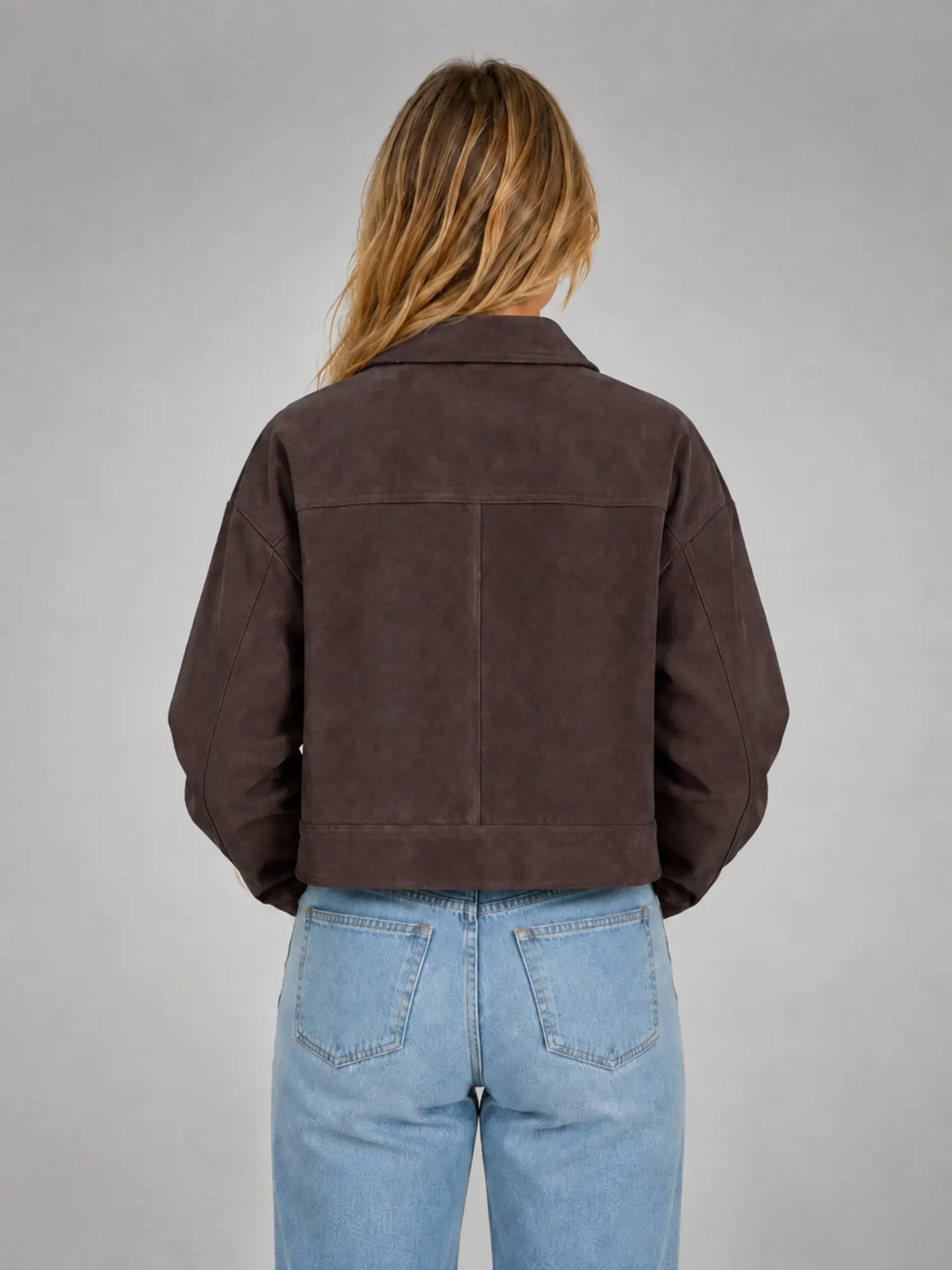 Women's Cropped Suede-Look Jacket – Refined Casual Outerwear in chocolate, back view