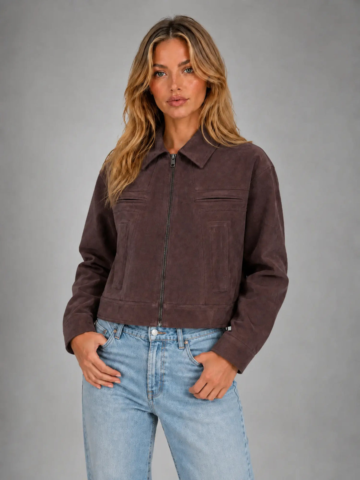 Women's Cropped Suede-Look Jacket – Refined Casual Outerwear in chocolate, hover view