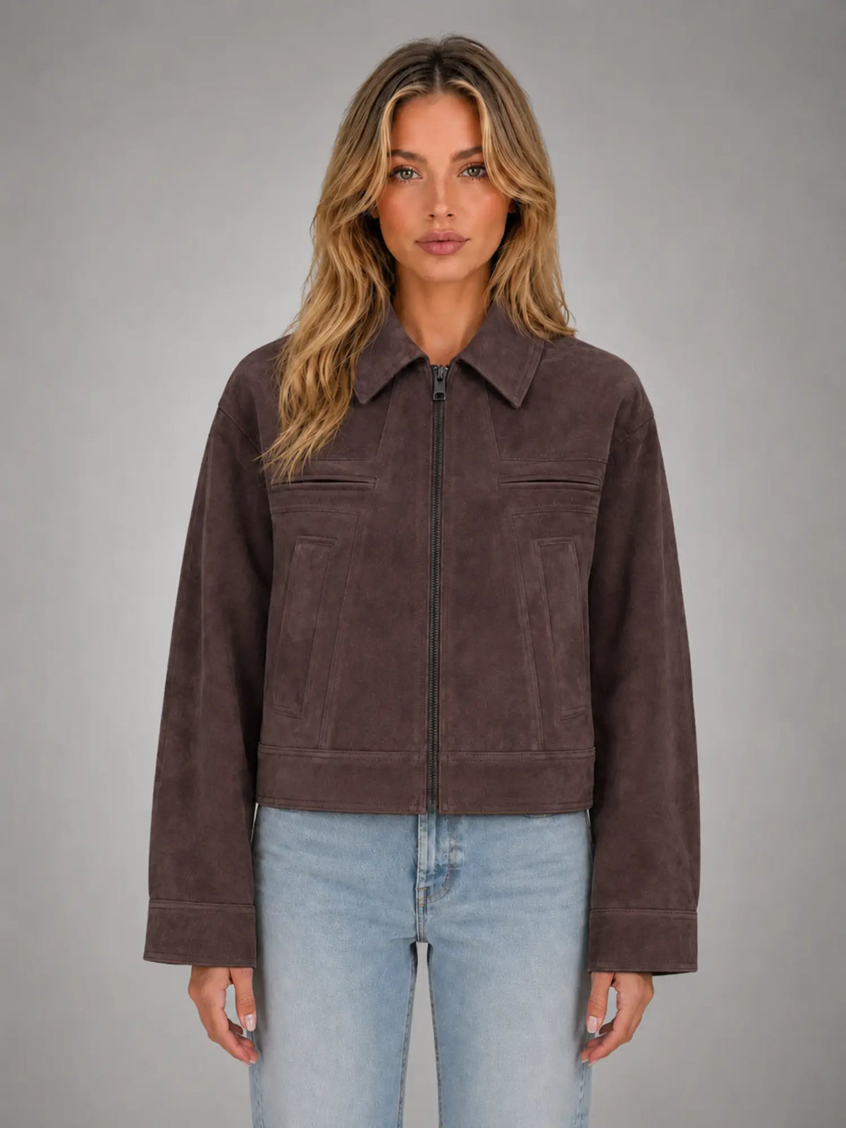 Women's Cropped Suede-Look Jacket – Refined Casual Outerwear in chocolate, main view