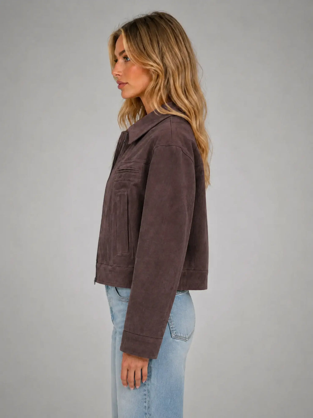 Women's Cropped Suede-Look Jacket – Refined Casual Outerwear in chocolate, side view
