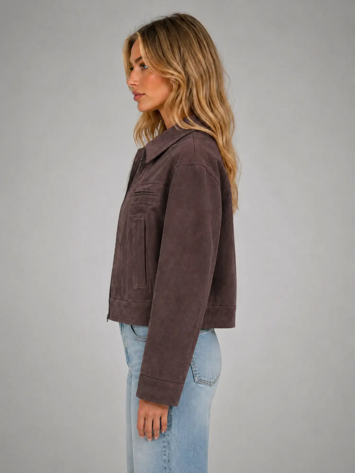Women's Cropped Suede-Look Jacket – Refined Casual Outerwear in chocolate, side view