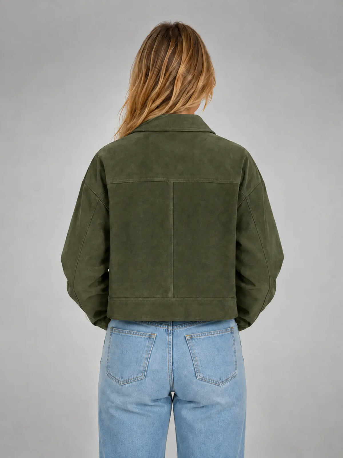 Women's Cropped Suede-Look Jacket – Refined Casual Outerwear in olive, back view