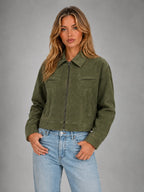 Women's Cropped Suede-Look Jacket – Refined Casual Outerwear in olive, hover view