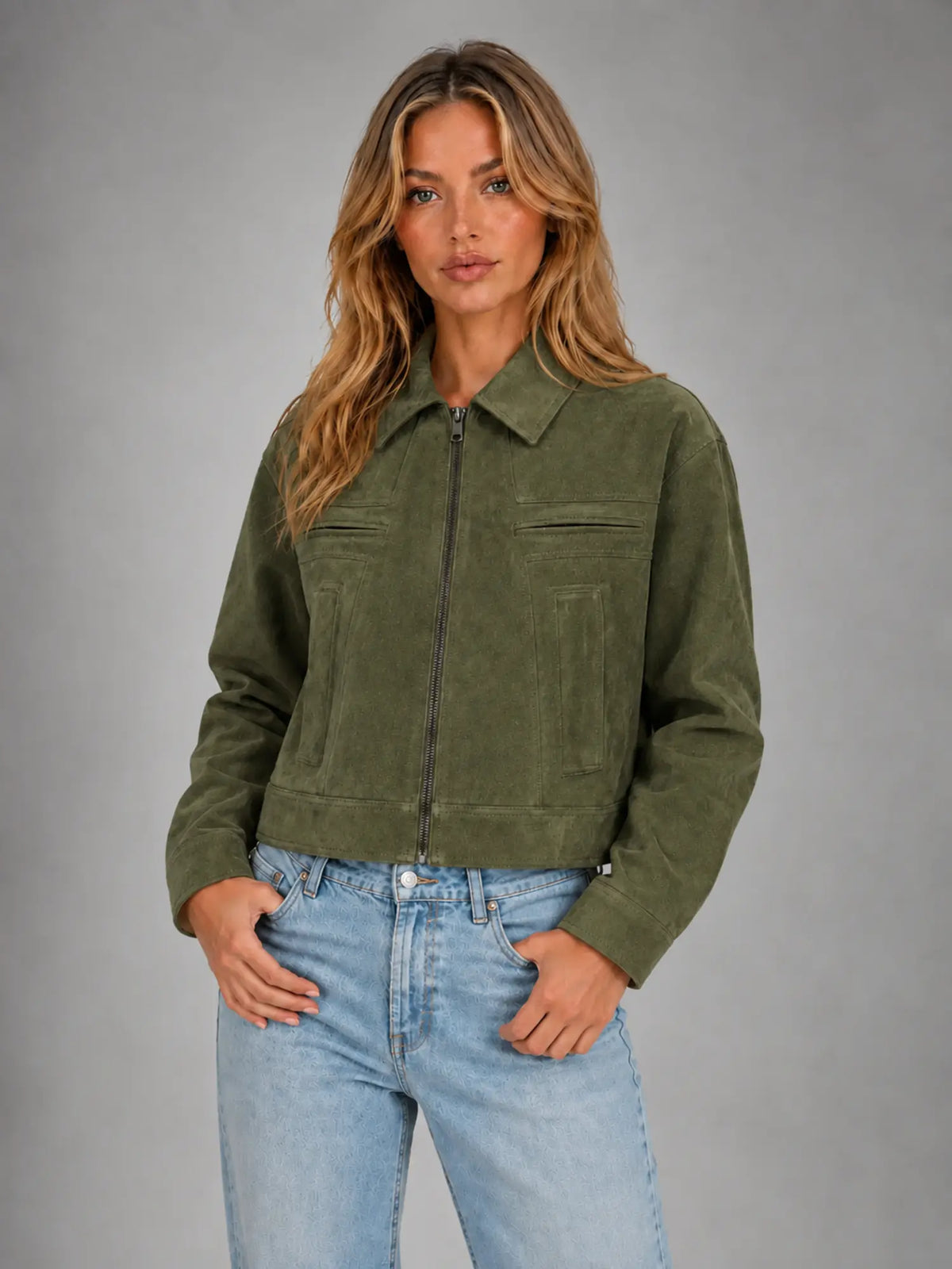 Women's Cropped Suede-Look Jacket – Refined Casual Outerwear in olive, hover view