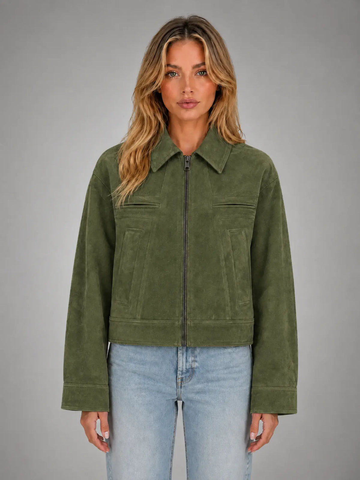 Women's Cropped Suede-Look Jacket – Refined Casual Outerwear in olive, main view