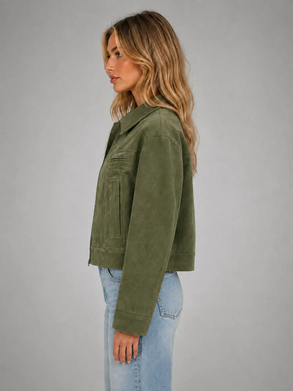 Women's Cropped Suede-Look Jacket – Refined Casual Outerwear in olive, side view