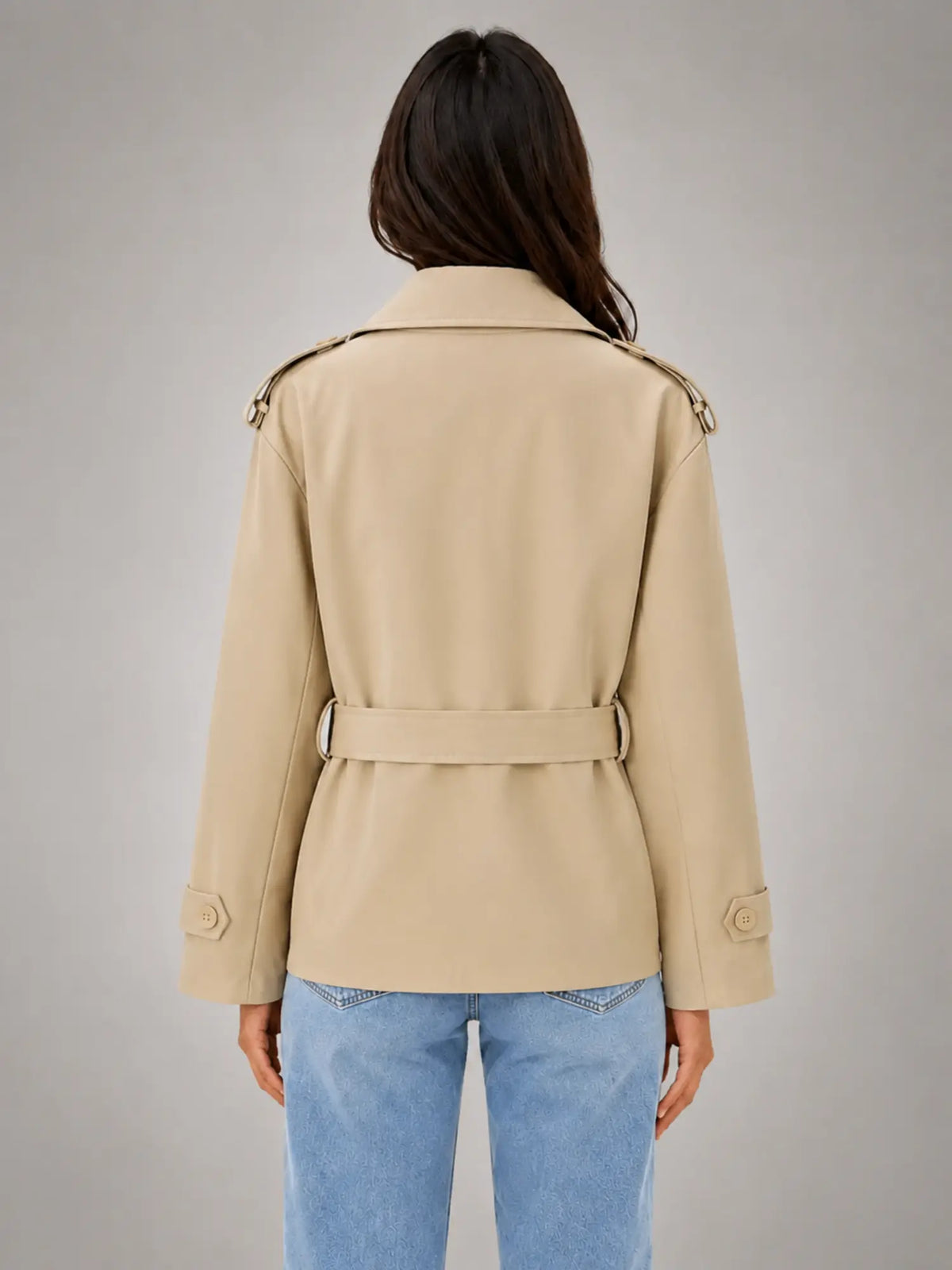 Women's Cropped Wrap Trench Jacket – Belted Tailored Style in beige, back view