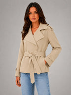 Women's Cropped Wrap Trench Jacket – Belted Tailored Style in beige, hover view