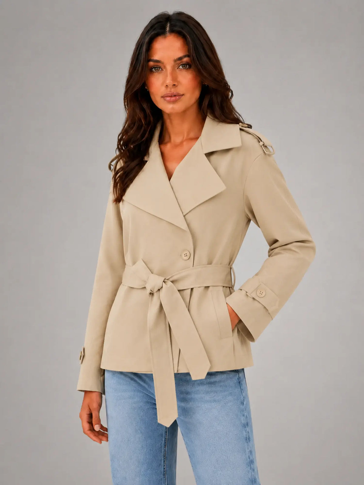 Women's Cropped Wrap Trench Jacket – Belted Tailored Style in beige, hover view