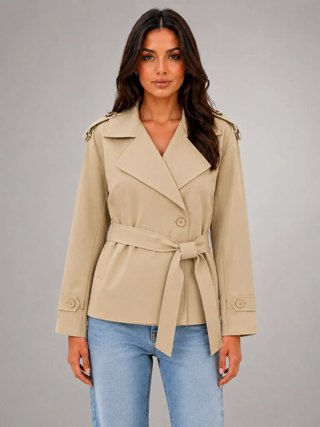 Women's Cropped Wrap Trench Jacket – Belted Tailored Style in beige, main view