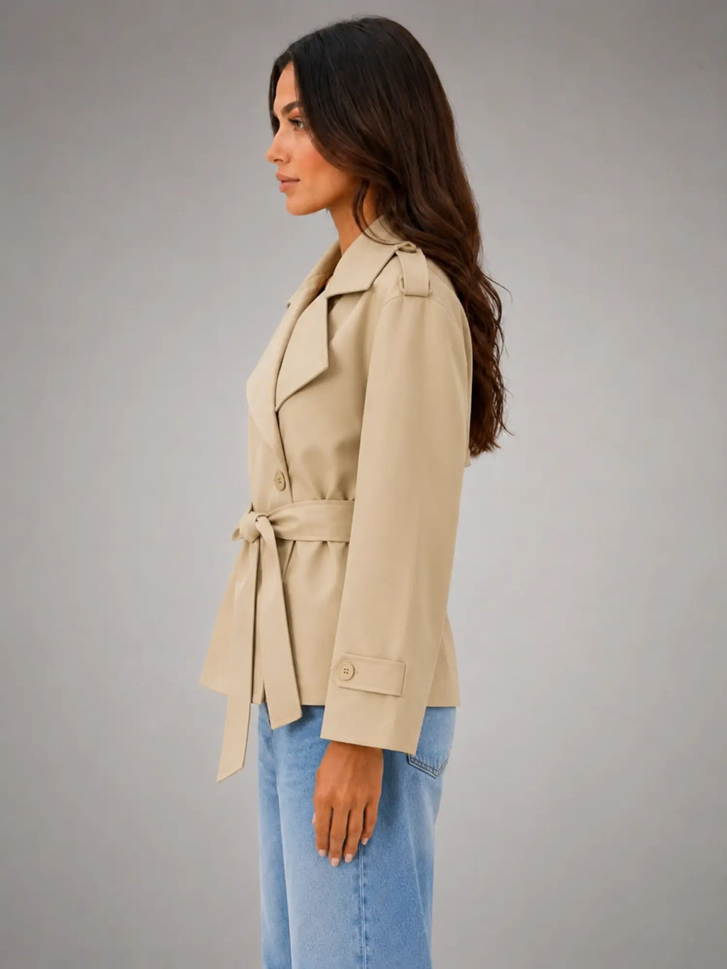 Women's Cropped Wrap Trench Jacket – Belted Tailored Style in beige, side view