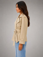 Women's Cropped Wrap Trench Jacket – Belted Tailored Style in beige, side view