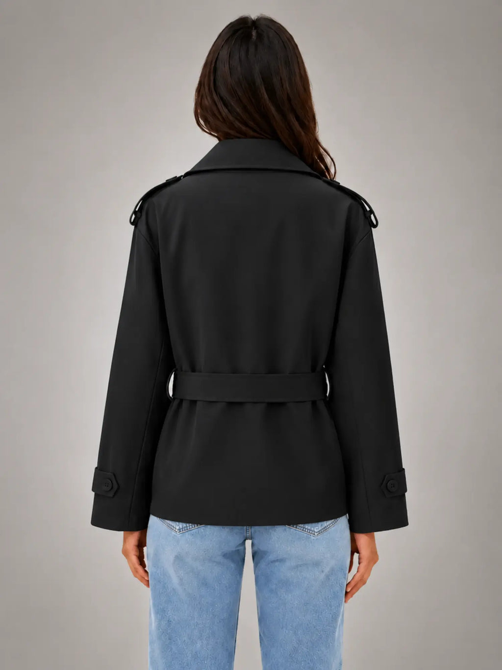 Women's Cropped Wrap Trench Jacket – Belted Tailored Style in black, back view