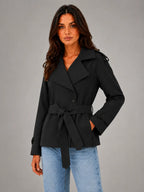 Women's Cropped Wrap Trench Jacket – Belted Tailored Style in black, hover view