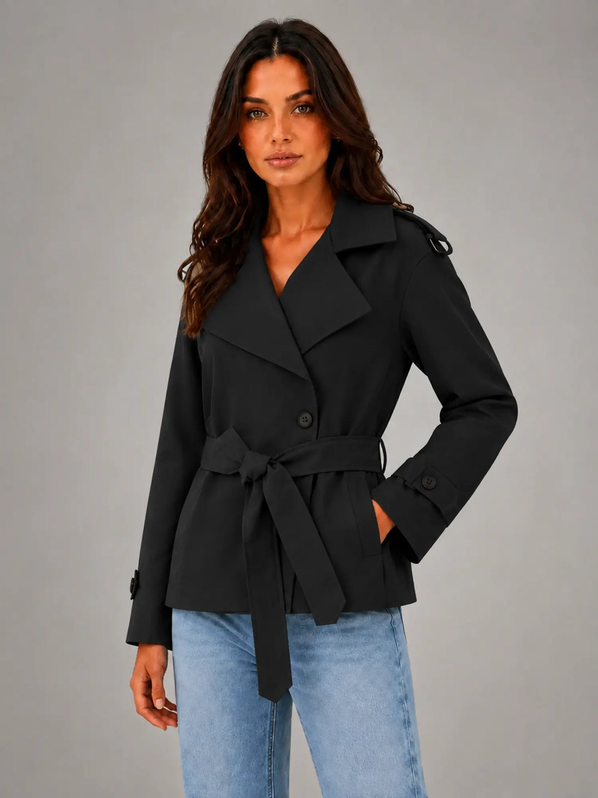 Women's Cropped Wrap Trench Jacket – Belted Tailored Style in black, hover view