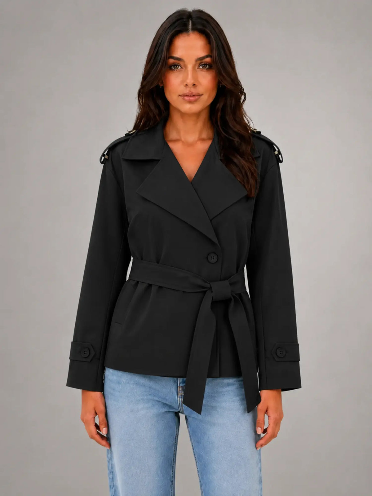 Women's Cropped Wrap Trench Jacket – Belted Tailored Style in black, main view