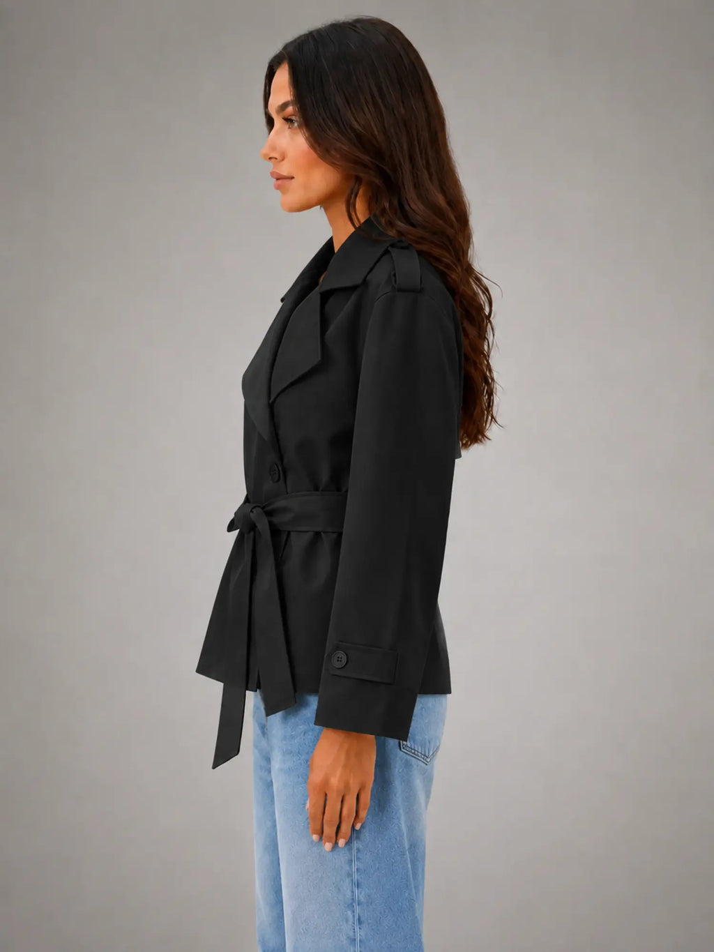 Women's Cropped Wrap Trench Jacket – Belted Tailored Style in black, side view