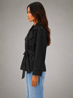 Women's Cropped Wrap Trench Jacket – Belted Tailored Style in black, side view