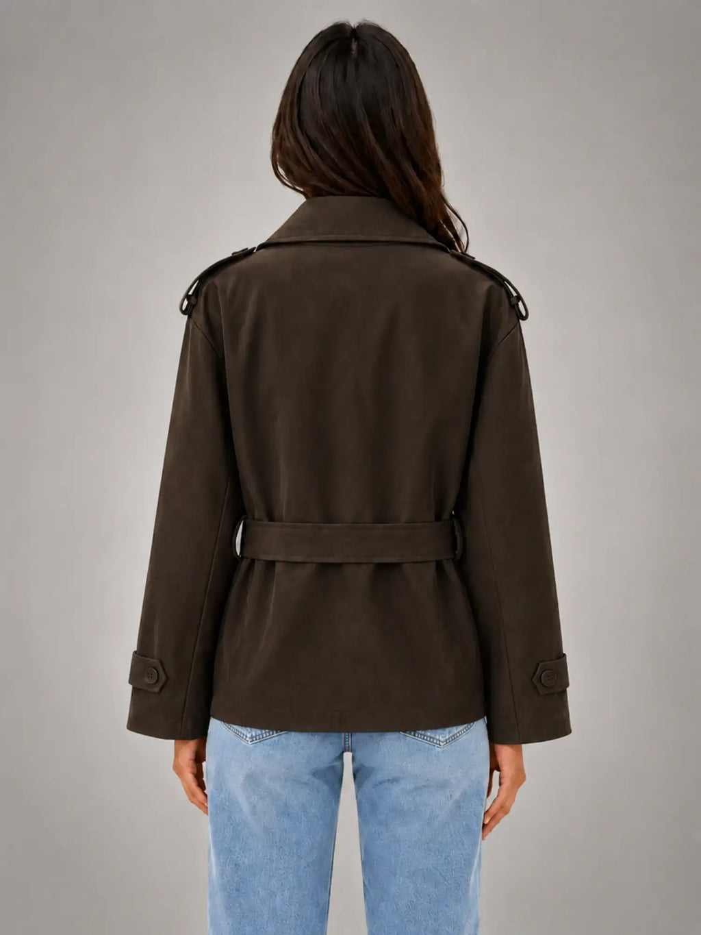Women's Cropped Wrap Trench Jacket – Belted Tailored Style in dark brown, back view