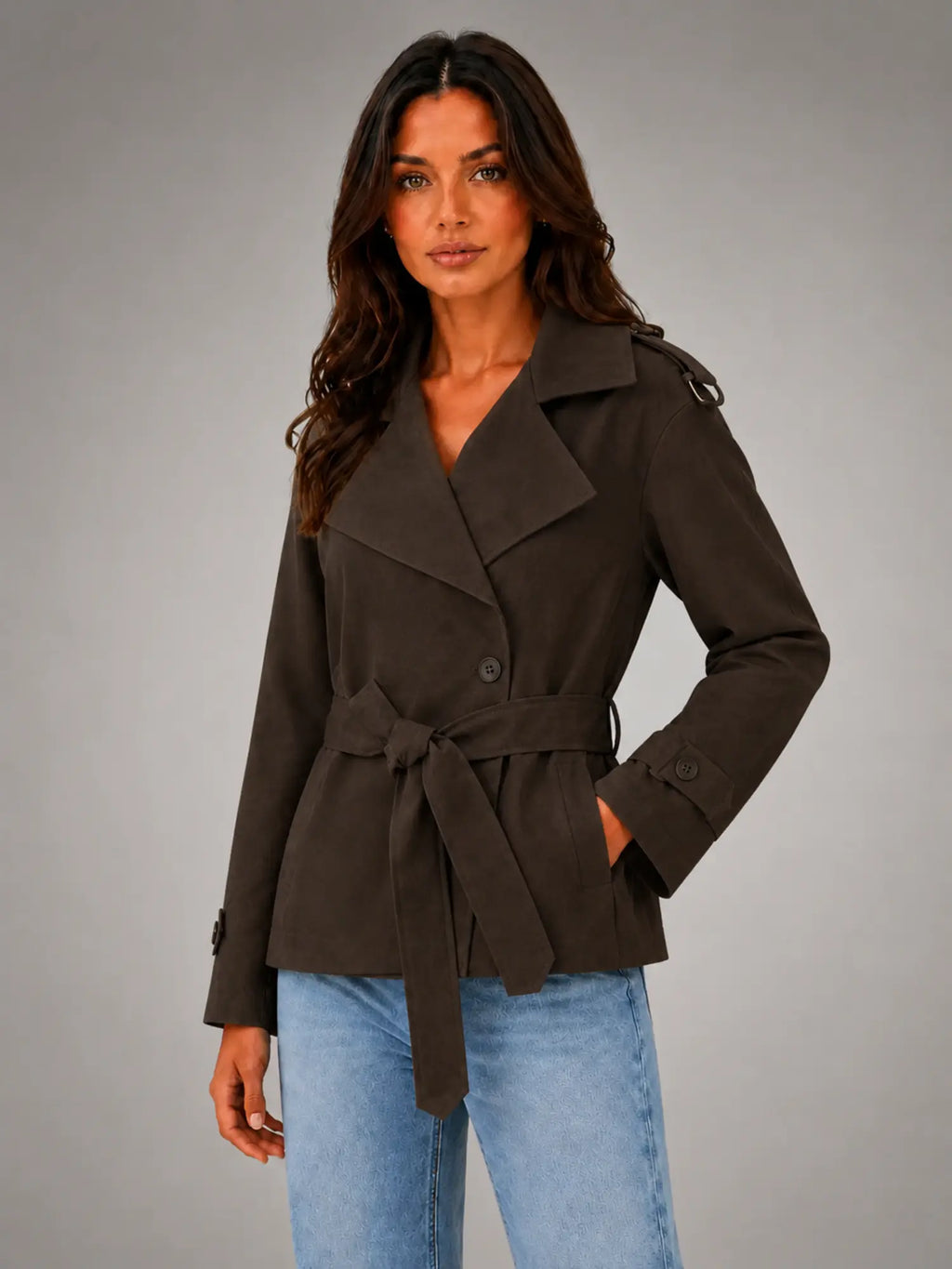 Women's Cropped Wrap Trench Jacket – Belted Tailored Style in dark brown, hover view