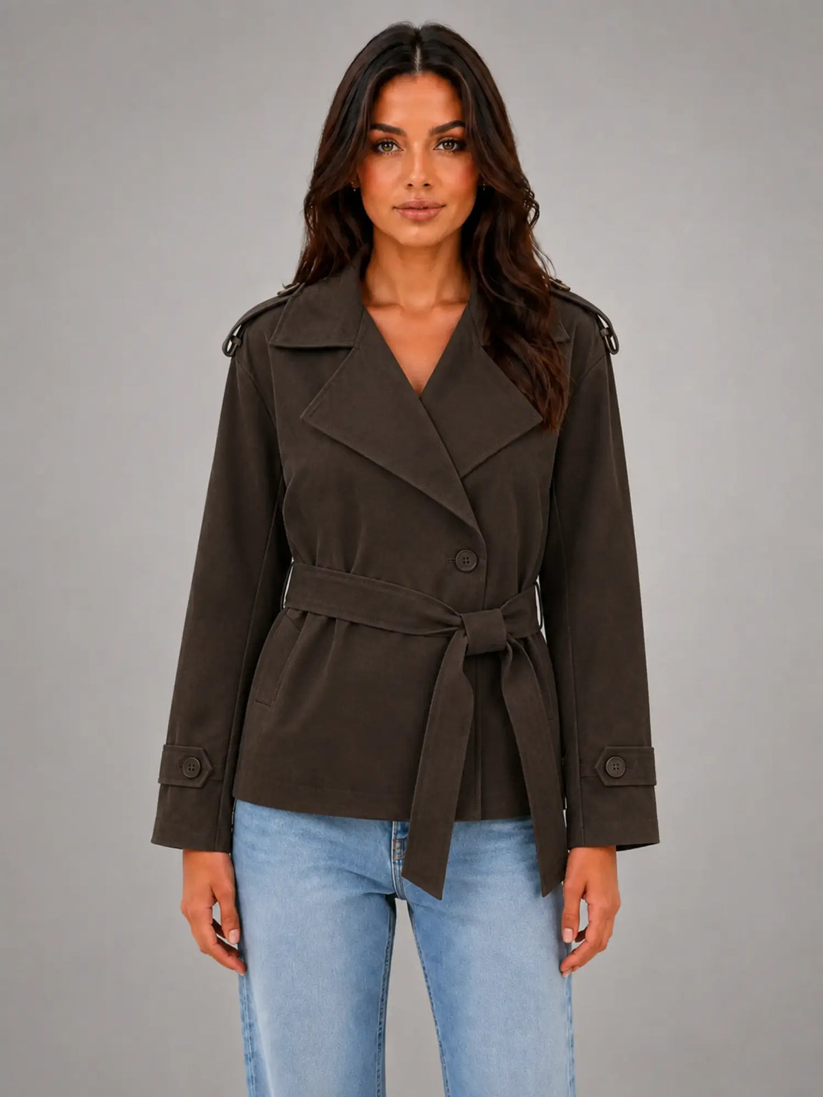 Women's Cropped Wrap Trench Jacket – Belted Tailored Style in dark brown, main view