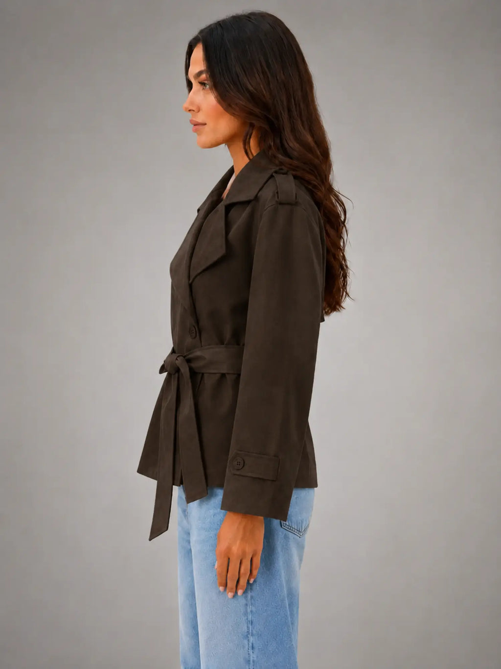 Women's Cropped Wrap Trench Jacket – Belted Tailored Style in dark brown, side view