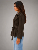 Women's Cropped Wrap Trench Jacket – Belted Tailored Style in dark brown, side view