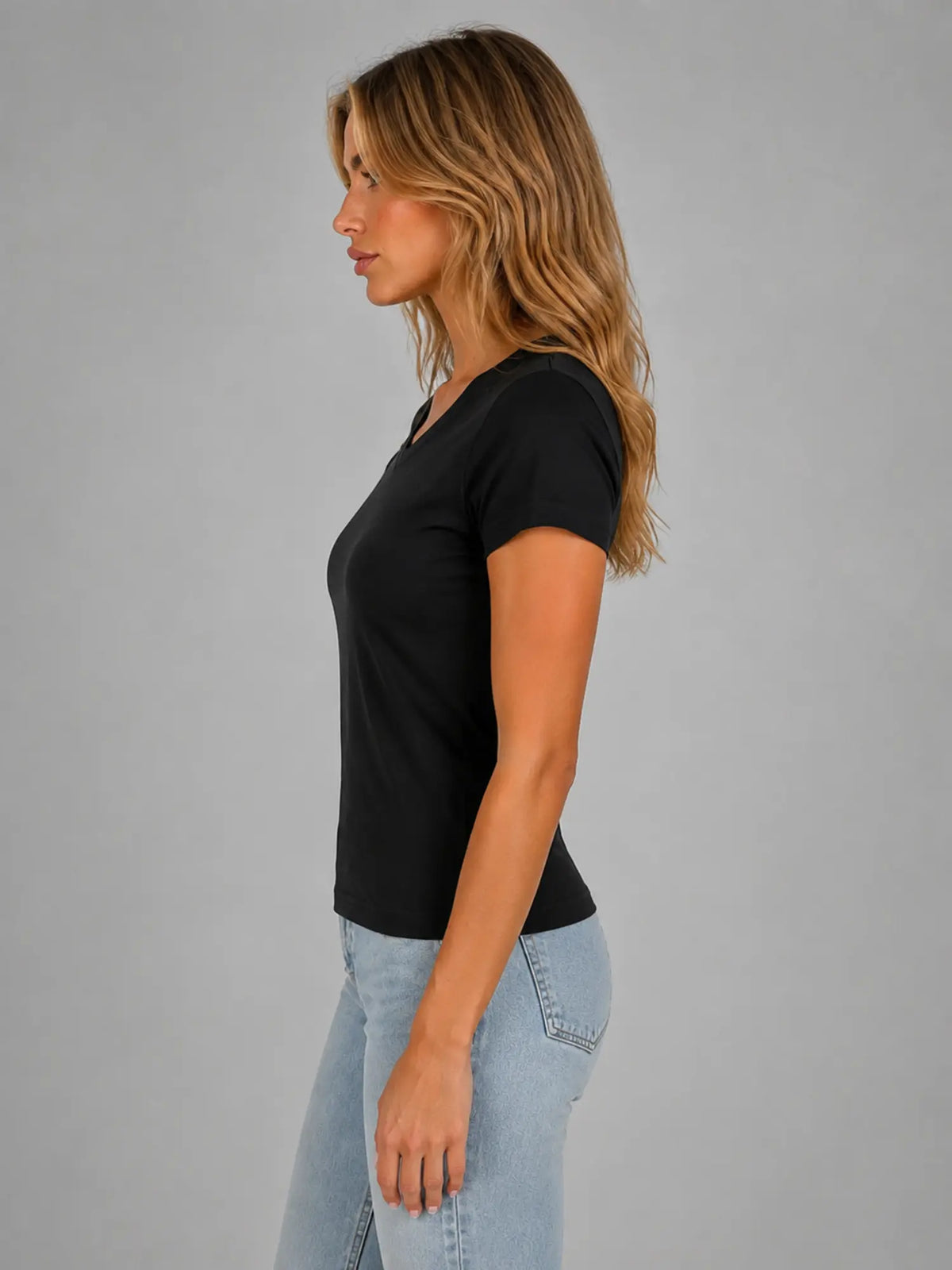 Women's Fitted V-Neck T-Shirt – Everyday Essential Top in black, side view