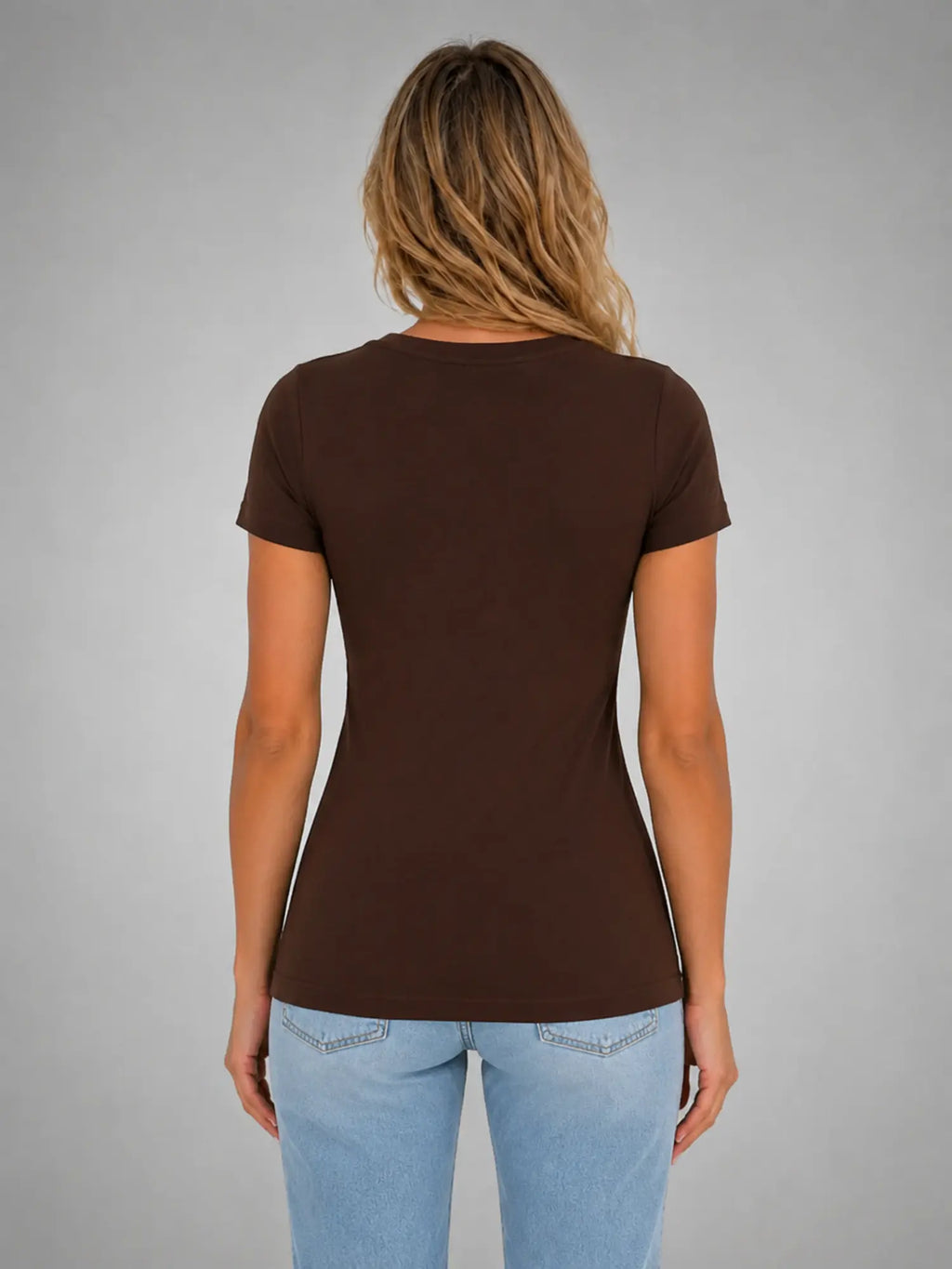 Women's Fitted V-Neck T-Shirt – Everyday Essential Top in brown, back view