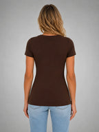 Women's Fitted V-Neck T-Shirt – Everyday Essential Top in brown, back view