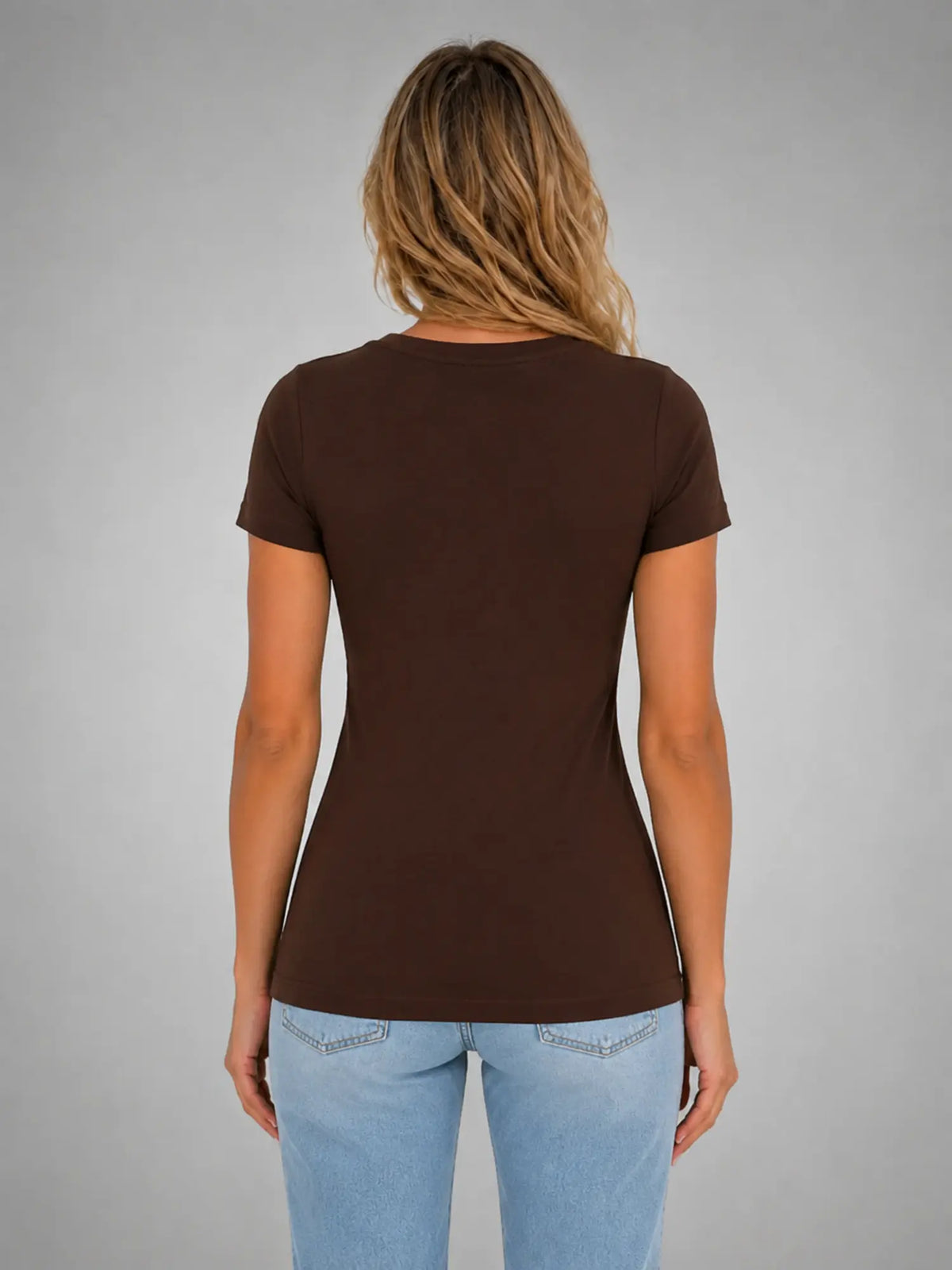 Women's Fitted V-Neck T-Shirt – Everyday Essential Top in brown, back view