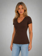 Women's Fitted V-Neck T-Shirt – Everyday Essential Top in brown, hover view