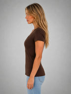 Women's Fitted V-Neck T-Shirt – Everyday Essential Top in brown, side view