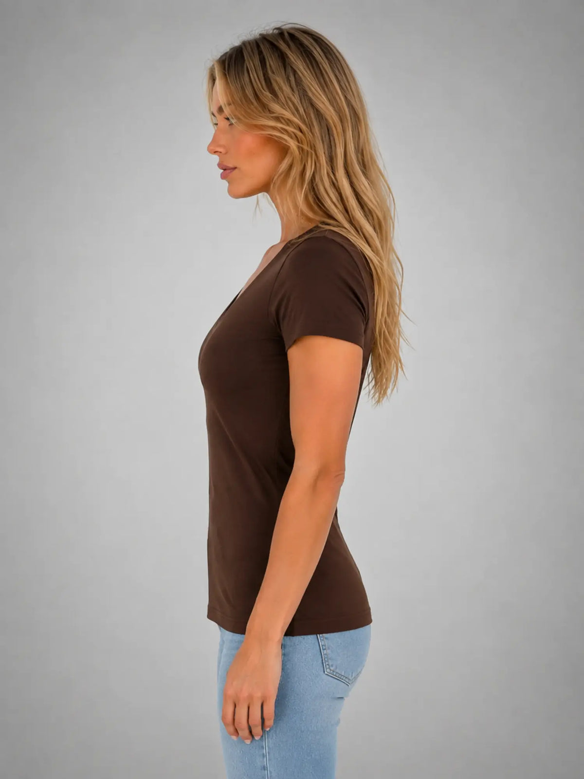 Women's Fitted V-Neck T-Shirt – Everyday Essential Top in brown, side view