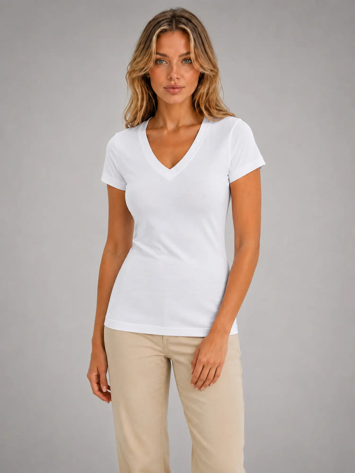 Women's Fitted V-Neck T-Shirt – Everyday Essential Top in white, hover view
