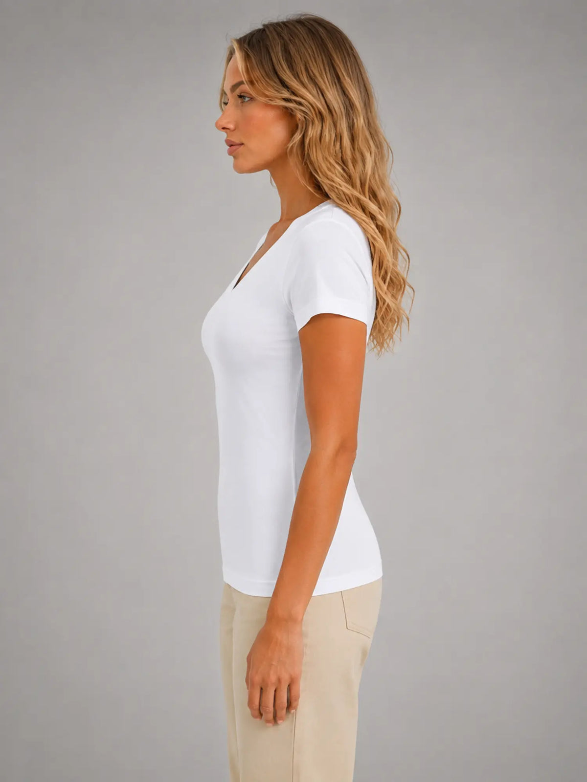 Women's Fitted V-Neck T-Shirt – Everyday Essential Top in white, side view