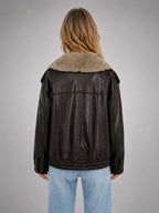 Women's Faux Fur Collar Leather-Look Jacket – Statement Outerwear in dark brown, back view