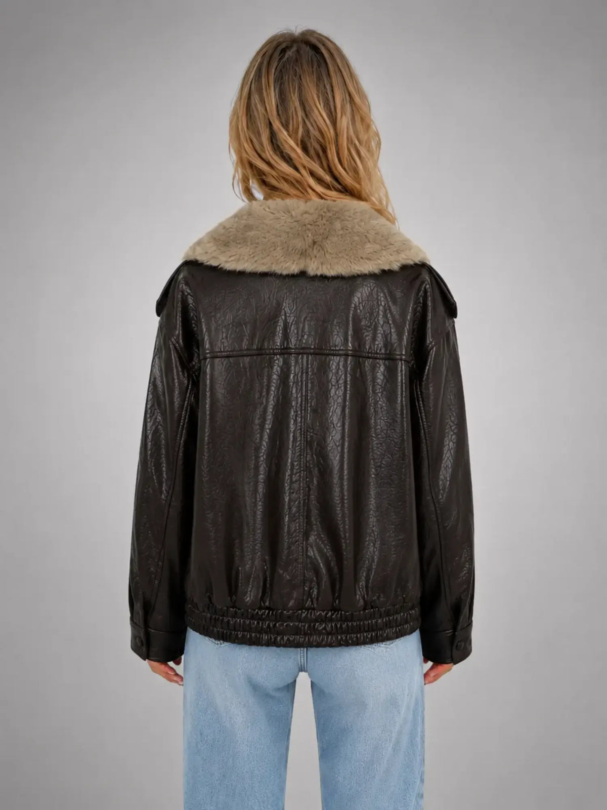 Women's Faux Fur Collar Leather-Look Jacket – Statement Outerwear in dark brown, back view